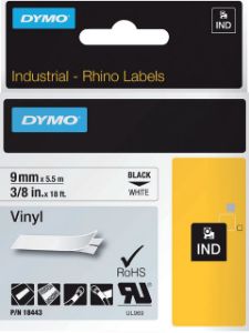 Afbeeldingen van Labeltape Dymo Rhino industrieel vinyl 9mm zwart op wit 18443